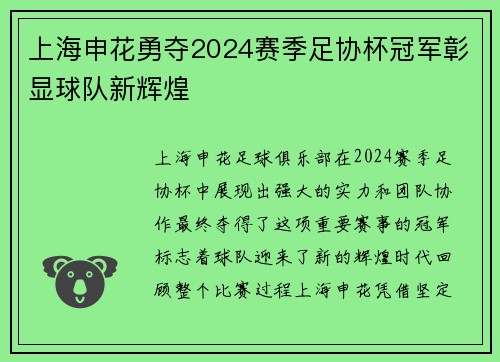 上海申花勇夺2024赛季足协杯冠军彰显球队新辉煌 上海申花勇夺2024赛季足协杯冠军彰显球队新辉煌